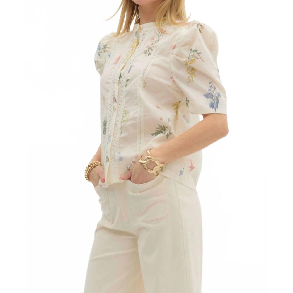 NEW ENTRO grandmillenial floral print top in cream - Picture 4 of 7